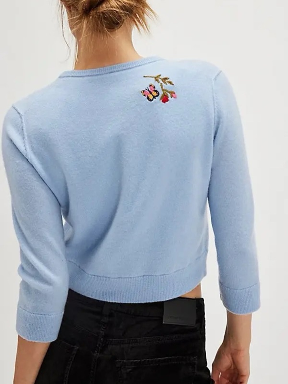 Free People Powder Blue Cropped Crewneck Sweater with Embroidered Butterfly